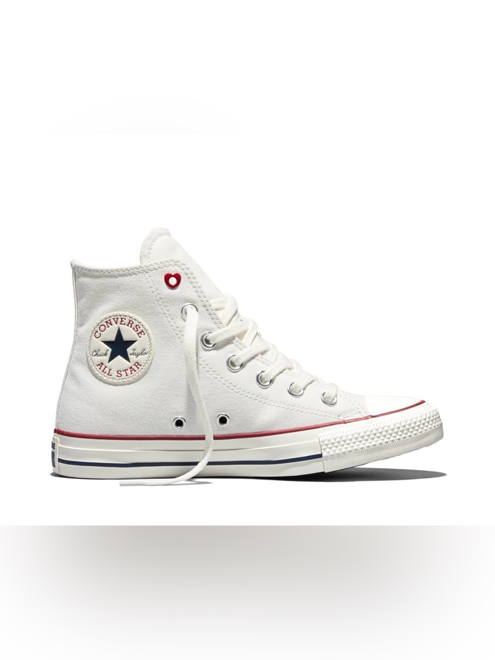 High-Top Converse Chuck Taylor Sneakers in White with Red Trim Sz 5 men, 7 women